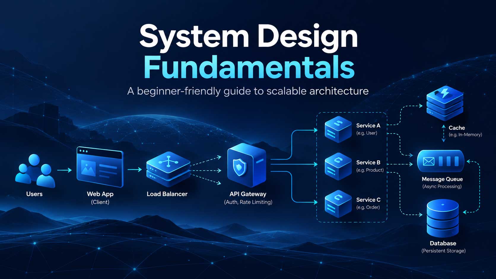 A modern system design architecture diagram illustrating the flow from users and a web application through a load balancer and API gateway to backend services, cache, message queue, and database, demonstrating the basic components of a scalable softw