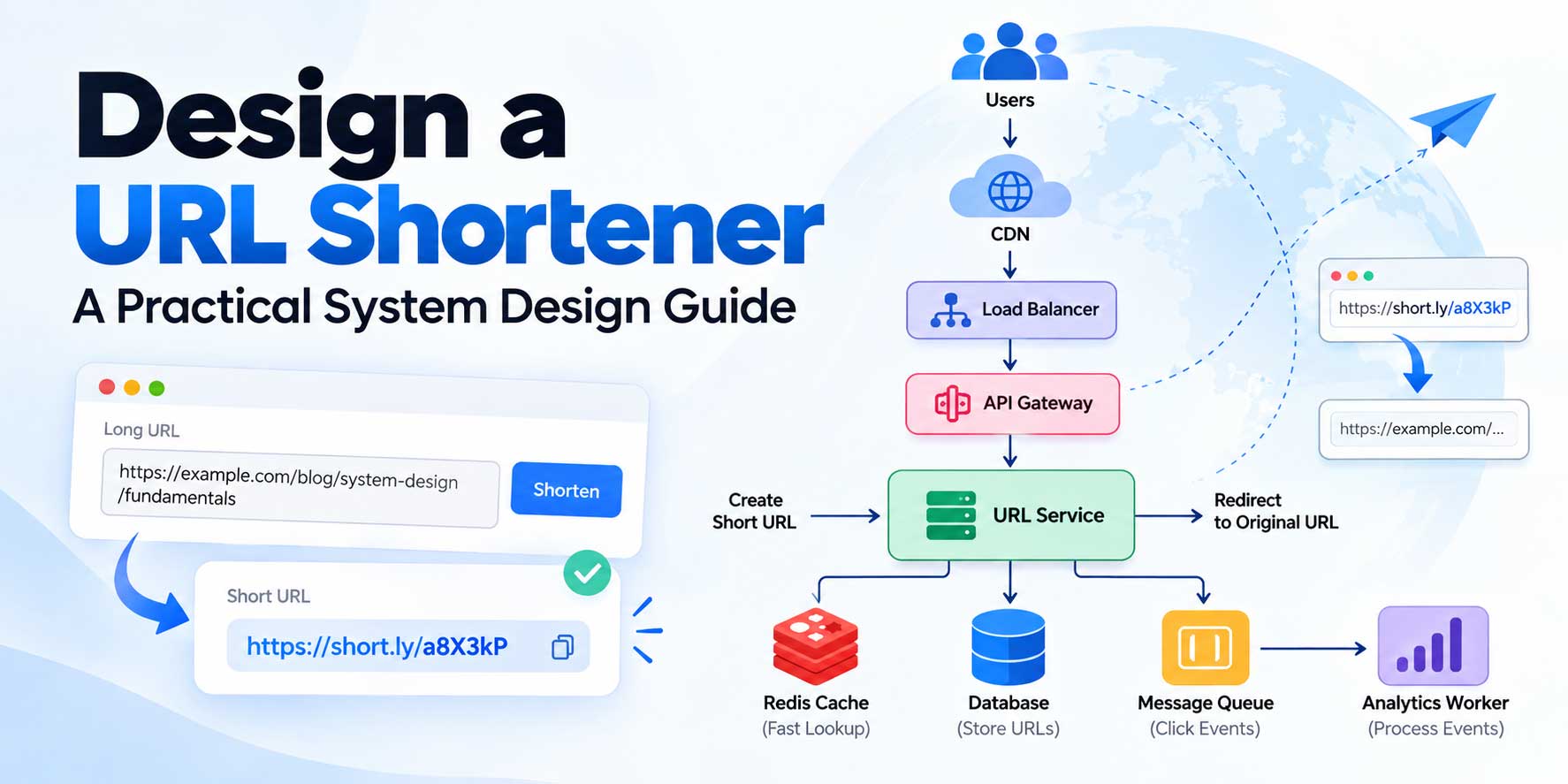 URL shortener system design architecture by Jalish Mahmud showing CDN, load balancer, API gateway, Redis cache, database, and message queue.